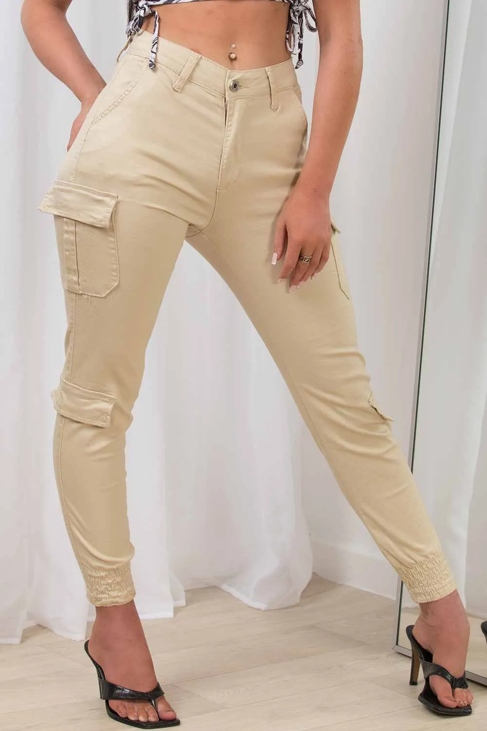 Beige Cargo Trousers With Pocket Detail
