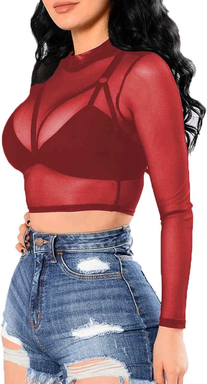 BelleLovin Women's Sheer Mesh Long Sleeve Crop Top Sexy Tee Blouse