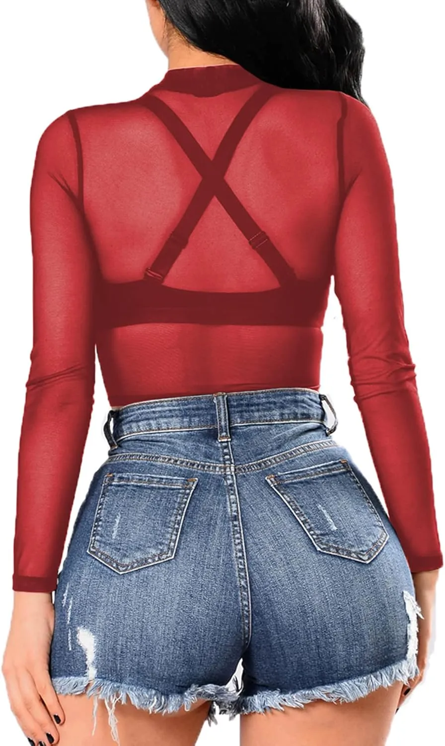 BelleLovin Women's Sheer Mesh Long Sleeve Crop Top Sexy Tee Blouse