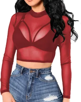 BelleLovin Women's Sheer Mesh Long Sleeve Crop Top Sexy Tee Blouse