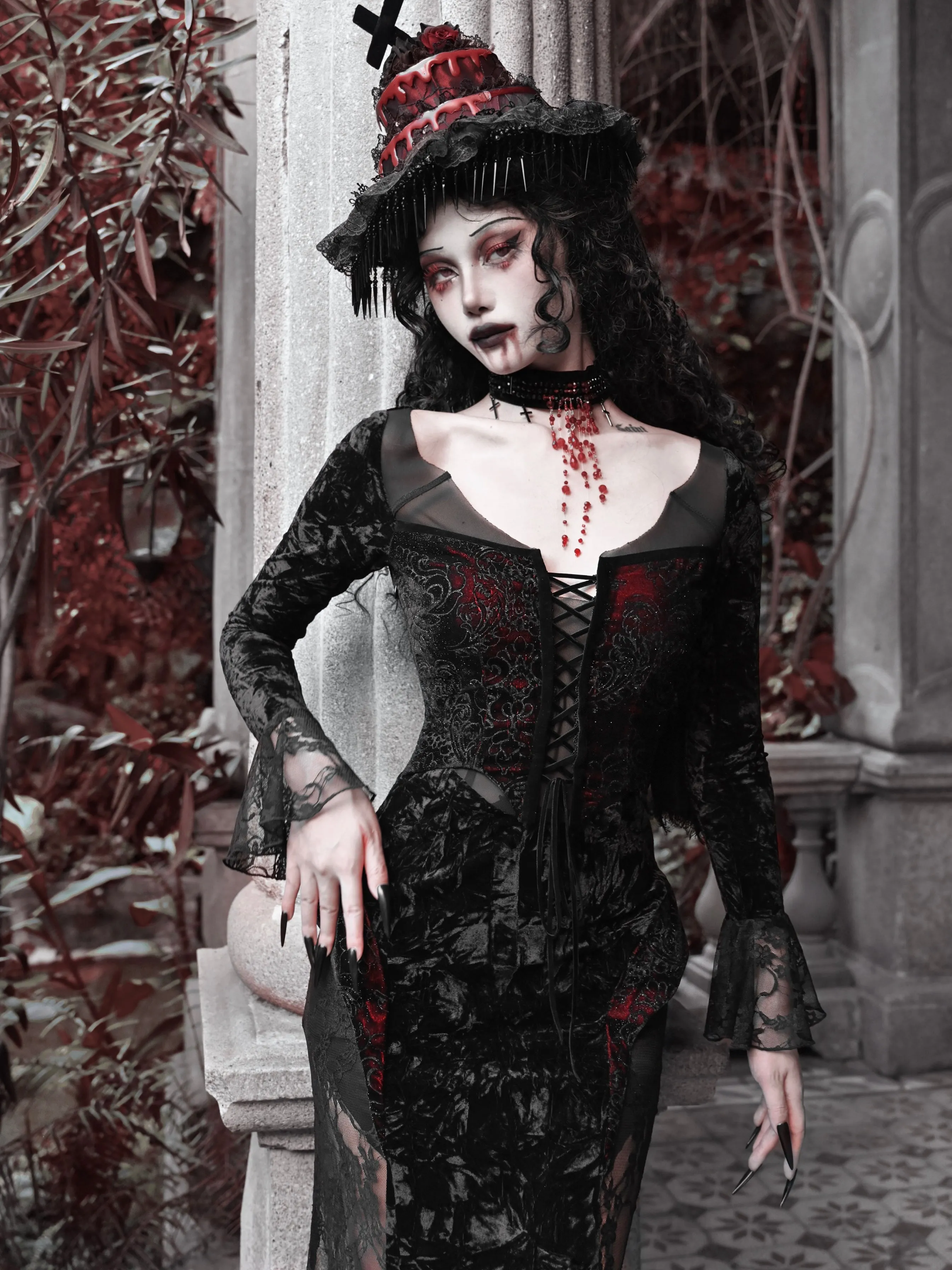 [Blood Supply] Scarlet Romance Gothic Velvet Long-Sleeve Mermaid Dress