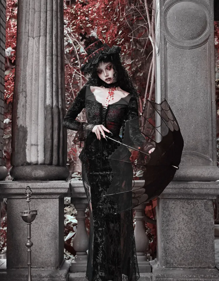[Blood Supply] Scarlet Romance Gothic Velvet Long-Sleeve Mermaid Dress
