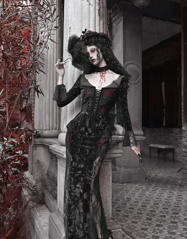 [Blood Supply] Scarlet Romance Gothic Velvet Long-Sleeve Mermaid Dress