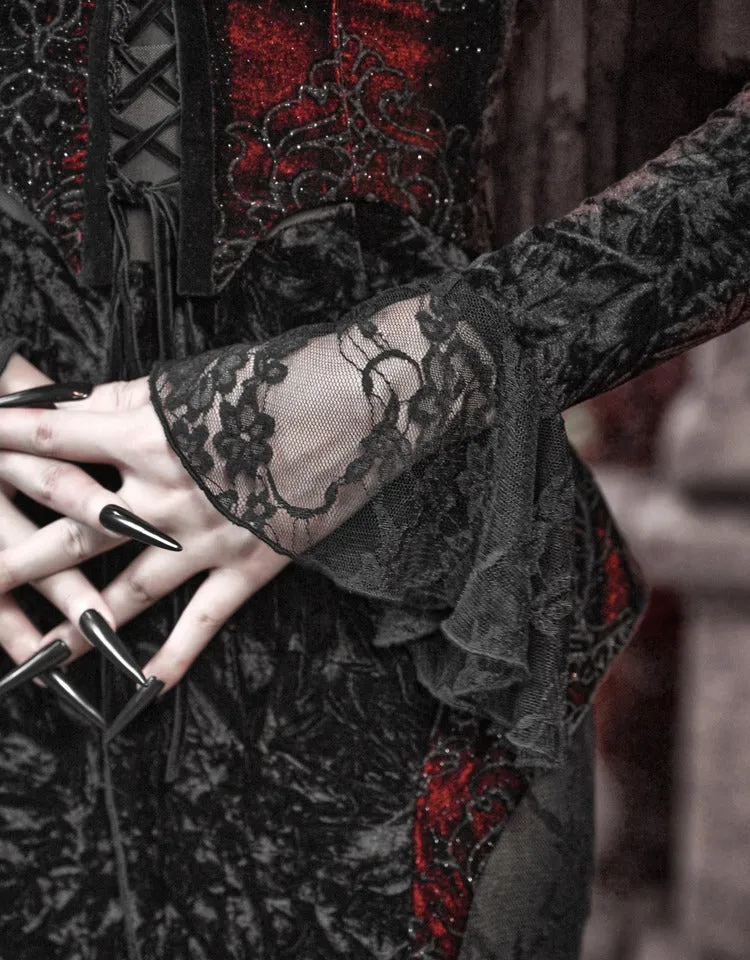 [Blood Supply] Scarlet Romance Gothic Velvet Long-Sleeve Mermaid Dress