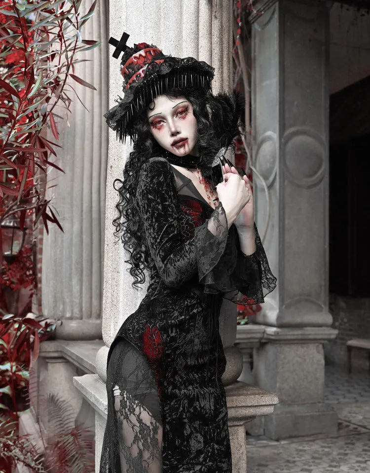 [Blood Supply] Scarlet Romance Gothic Velvet Long-Sleeve Mermaid Dress