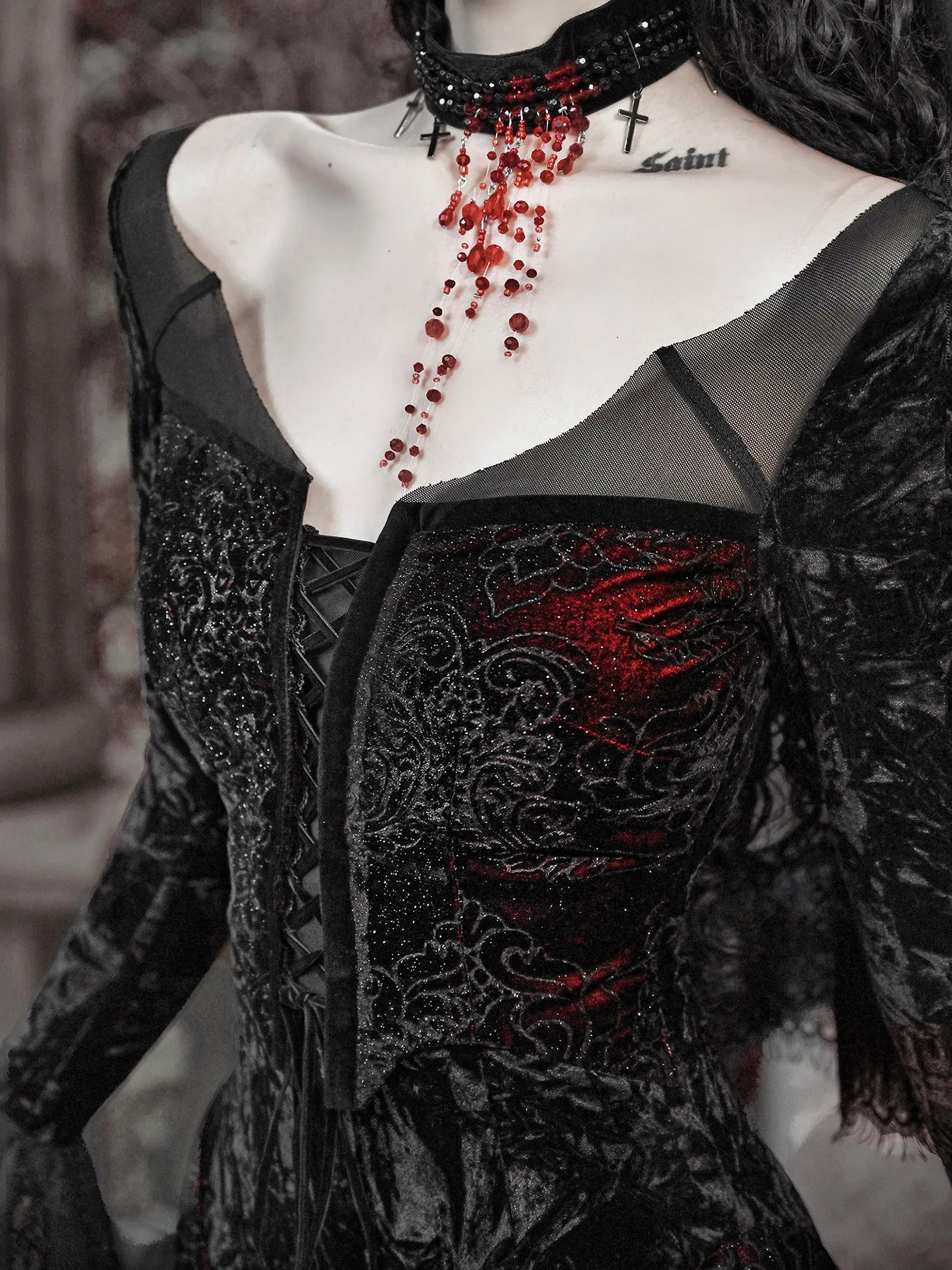 [Blood Supply] Scarlet Romance Gothic Velvet Long-Sleeve Mermaid Dress