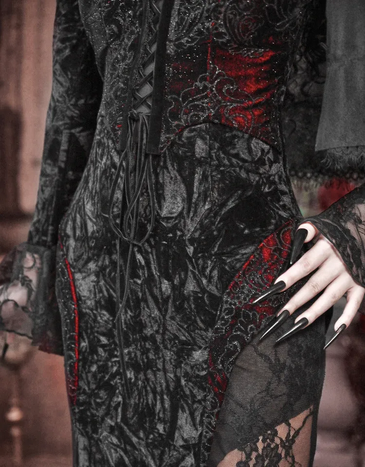 [Blood Supply] Scarlet Romance Gothic Velvet Long-Sleeve Mermaid Dress