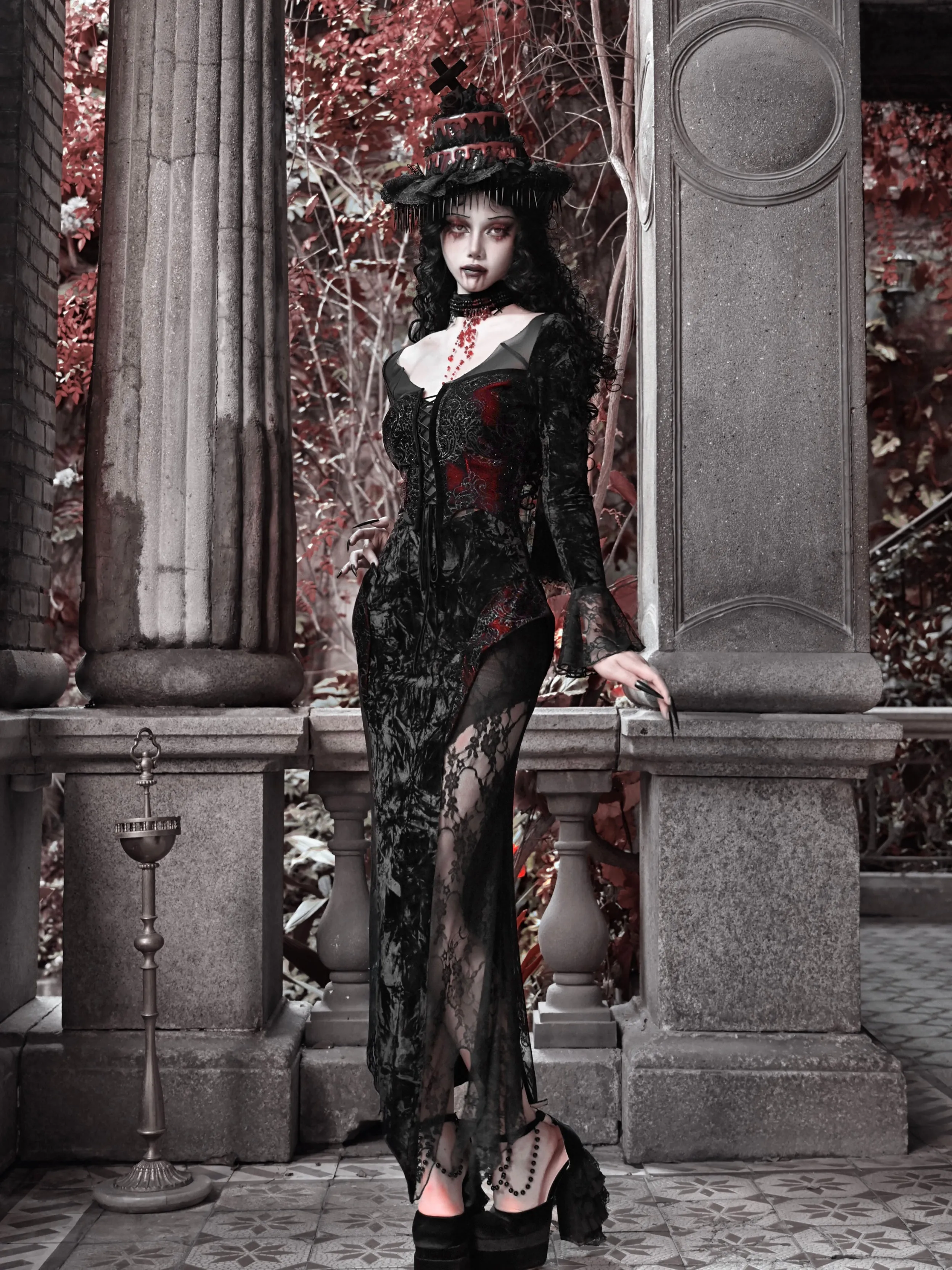 [Blood Supply] Scarlet Romance Gothic Velvet Long-Sleeve Mermaid Dress