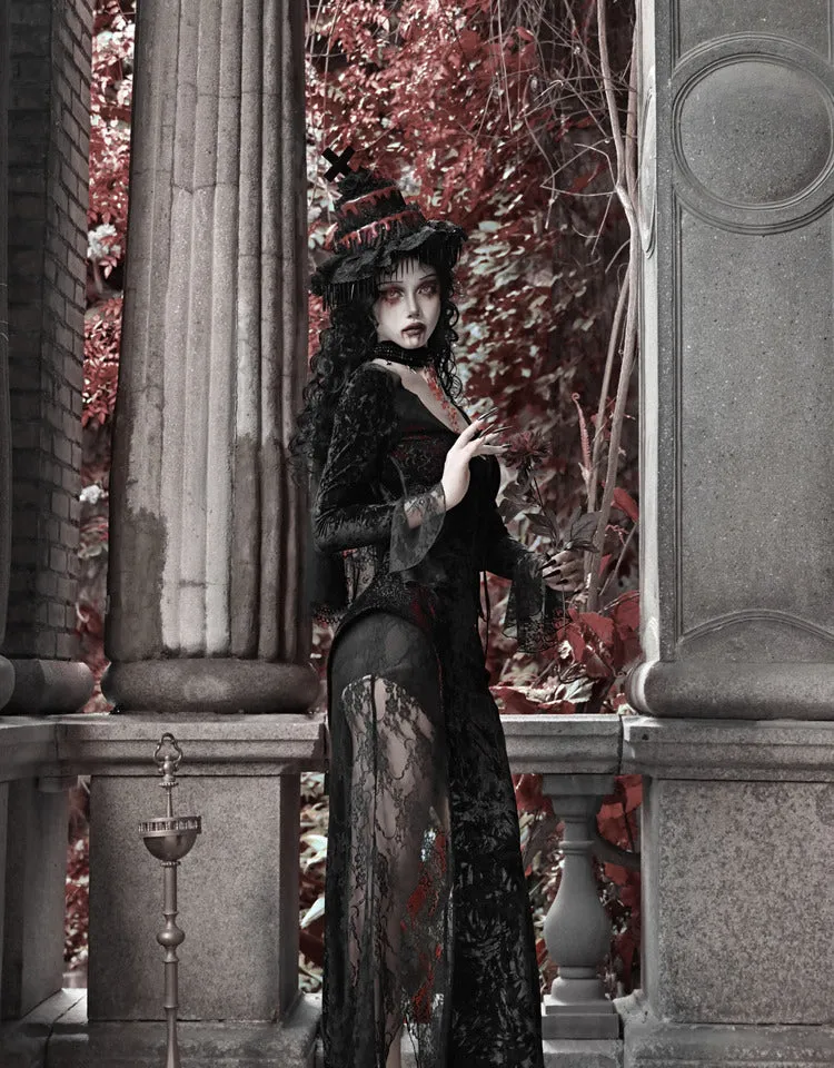 [Blood Supply] Scarlet Romance Gothic Velvet Long-Sleeve Mermaid Dress
