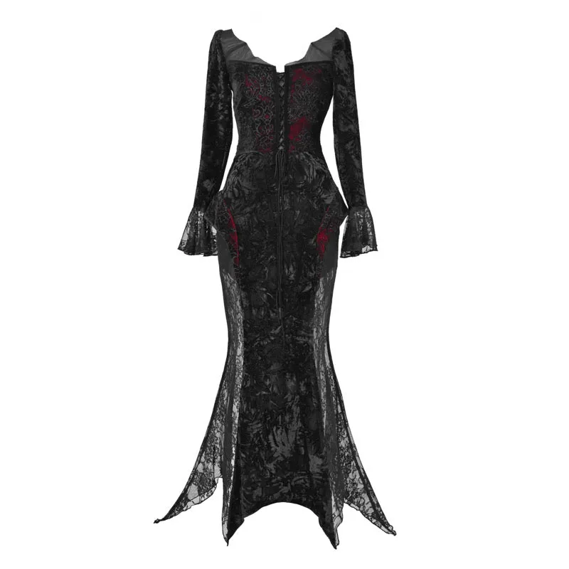 [Blood Supply] Scarlet Romance Gothic Velvet Long-Sleeve Mermaid Dress