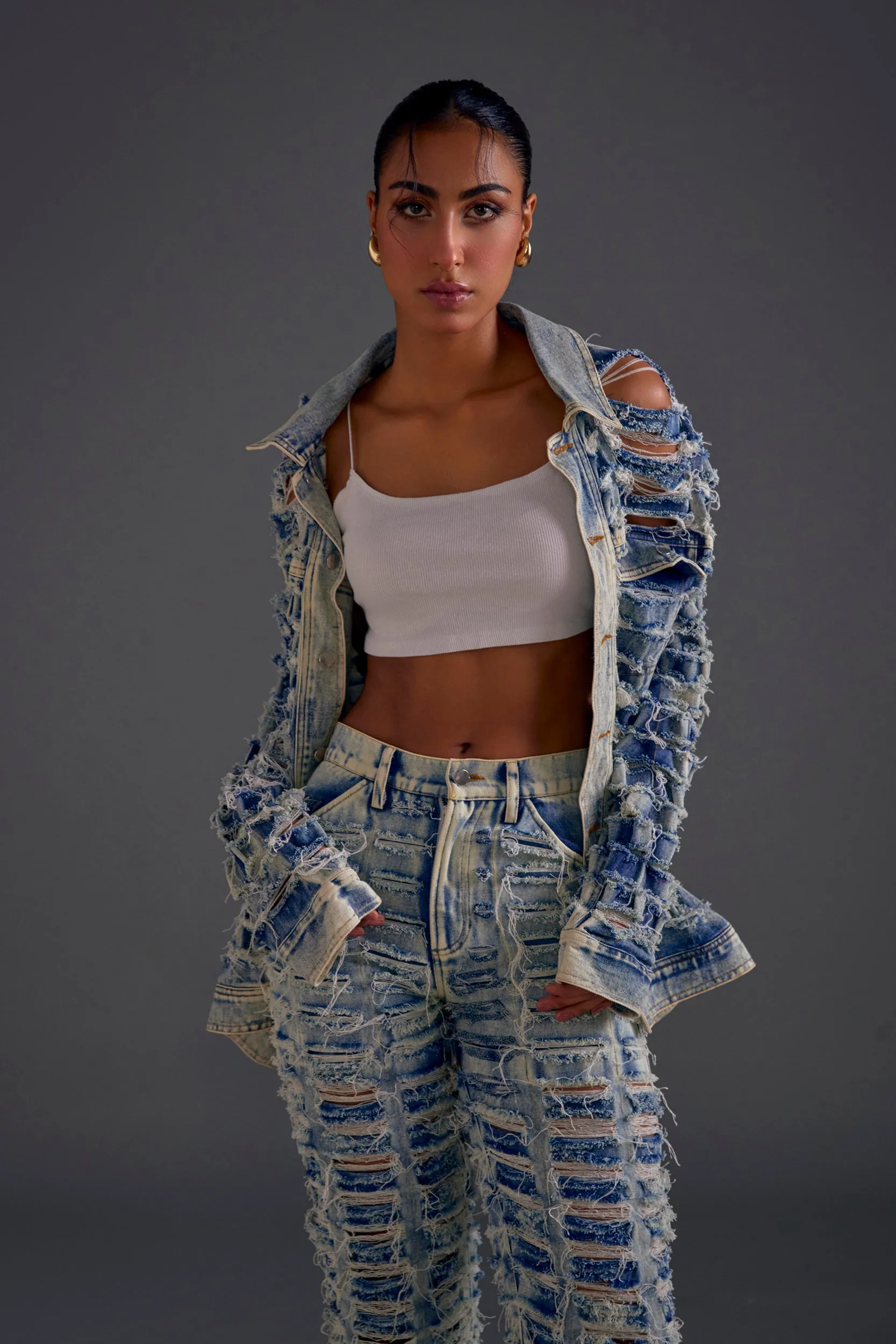 Blue Distressed Denim Jacket and Jeans Set