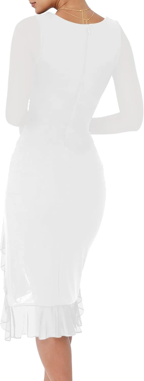 BORIFLORS Women's Sexy Ruched Bodycon Midi Dresses Elegant Mesh Long Sleeve Square Neck Ruffle Hem Cocktail Party Dress