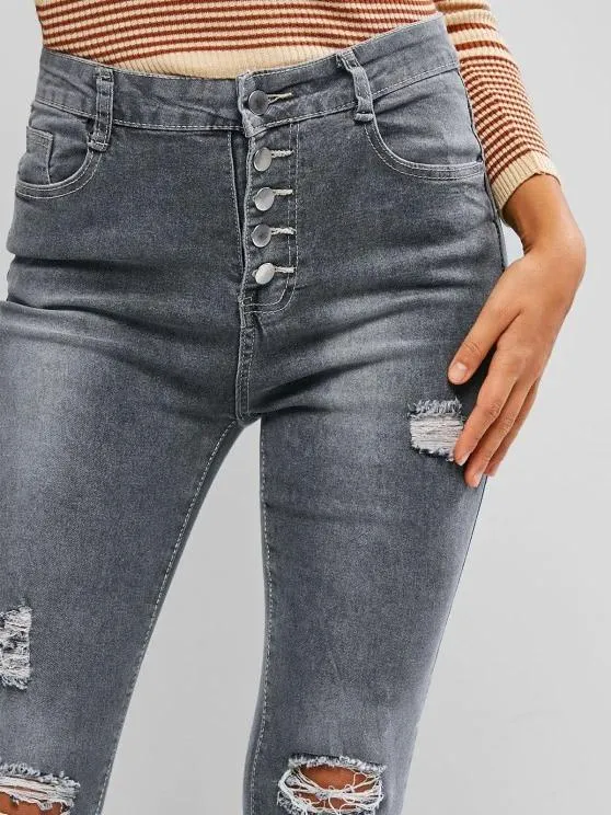 Button Fly Ripped High Waisted Skinny Jeans
