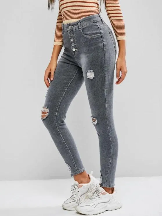 Button Fly Ripped High Waisted Skinny Jeans