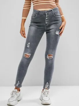 Button Fly Ripped High Waisted Skinny Jeans