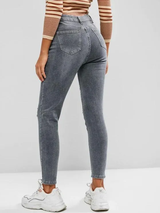 Button Fly Ripped High Waisted Skinny Jeans