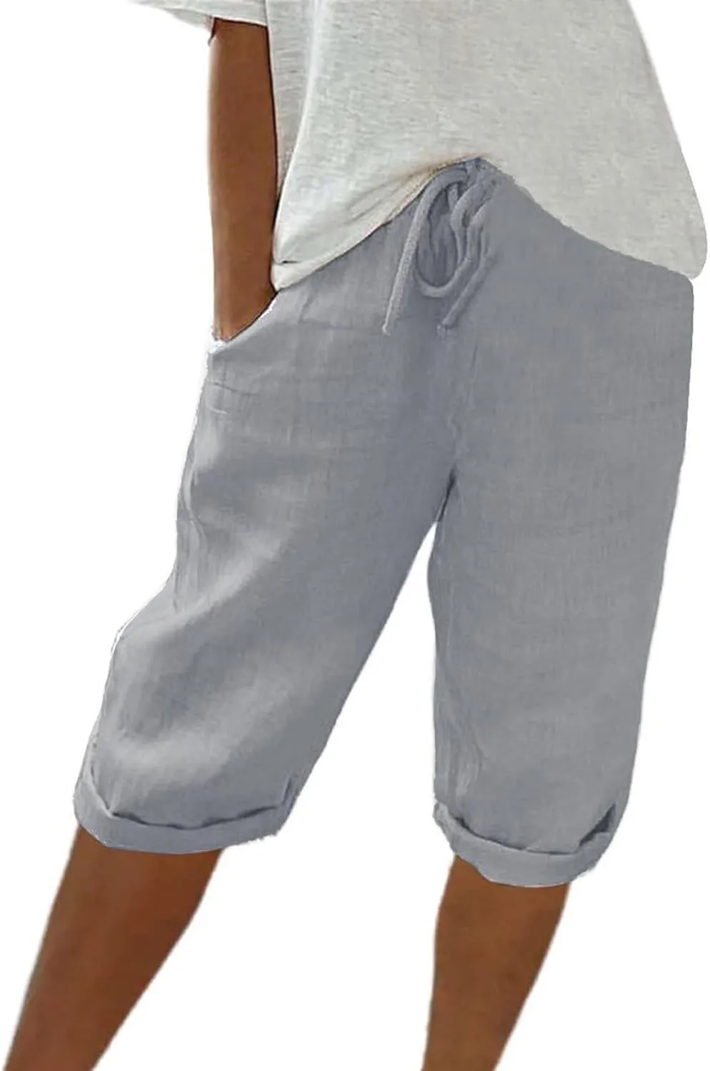 Capri Pants for Women High Waisted Casual Summer Yoga Pants Slacks for Women Linen Drawstring Shorts with Pockets