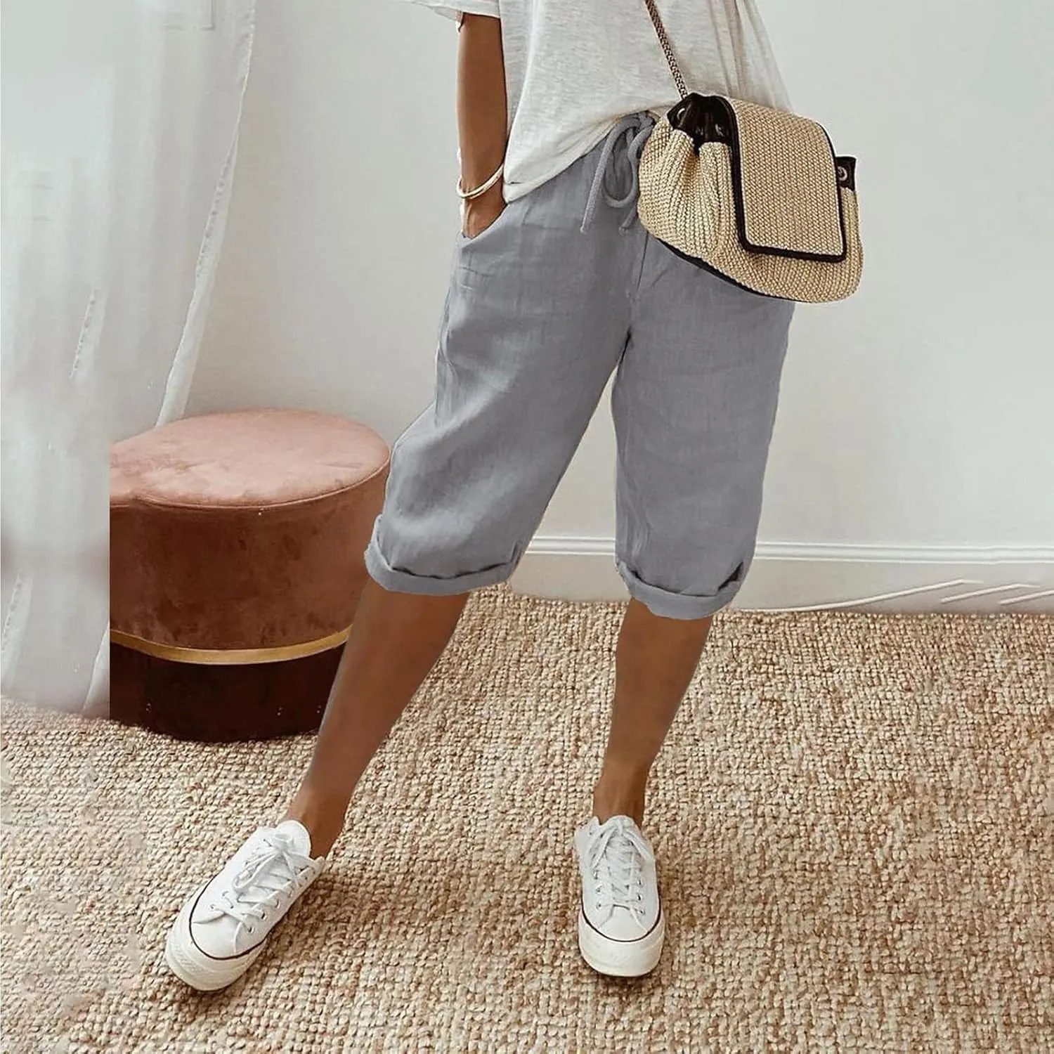 Capri Pants for Women High Waisted Casual Summer Yoga Pants Slacks for Women Linen Drawstring Shorts with Pockets