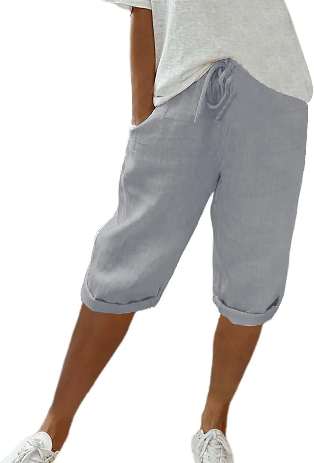 Capri Pants for Women High Waisted Casual Summer Yoga Pants Slacks for Women Linen Drawstring Shorts with Pockets