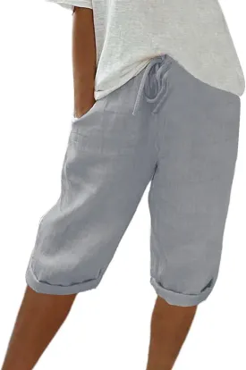 Capri Pants for Women High Waisted Casual Summer Yoga Pants Slacks for Women Linen Drawstring Shorts with Pockets