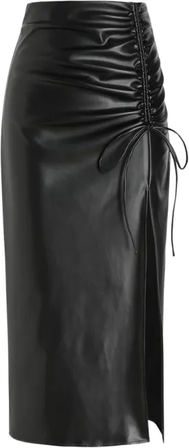 CIDER Faux Leather High Waist Drawstring Split Maxi Skirt