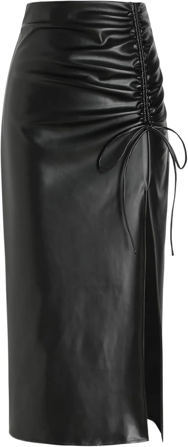 CIDER Faux Leather High Waist Drawstring Split Maxi Skirt