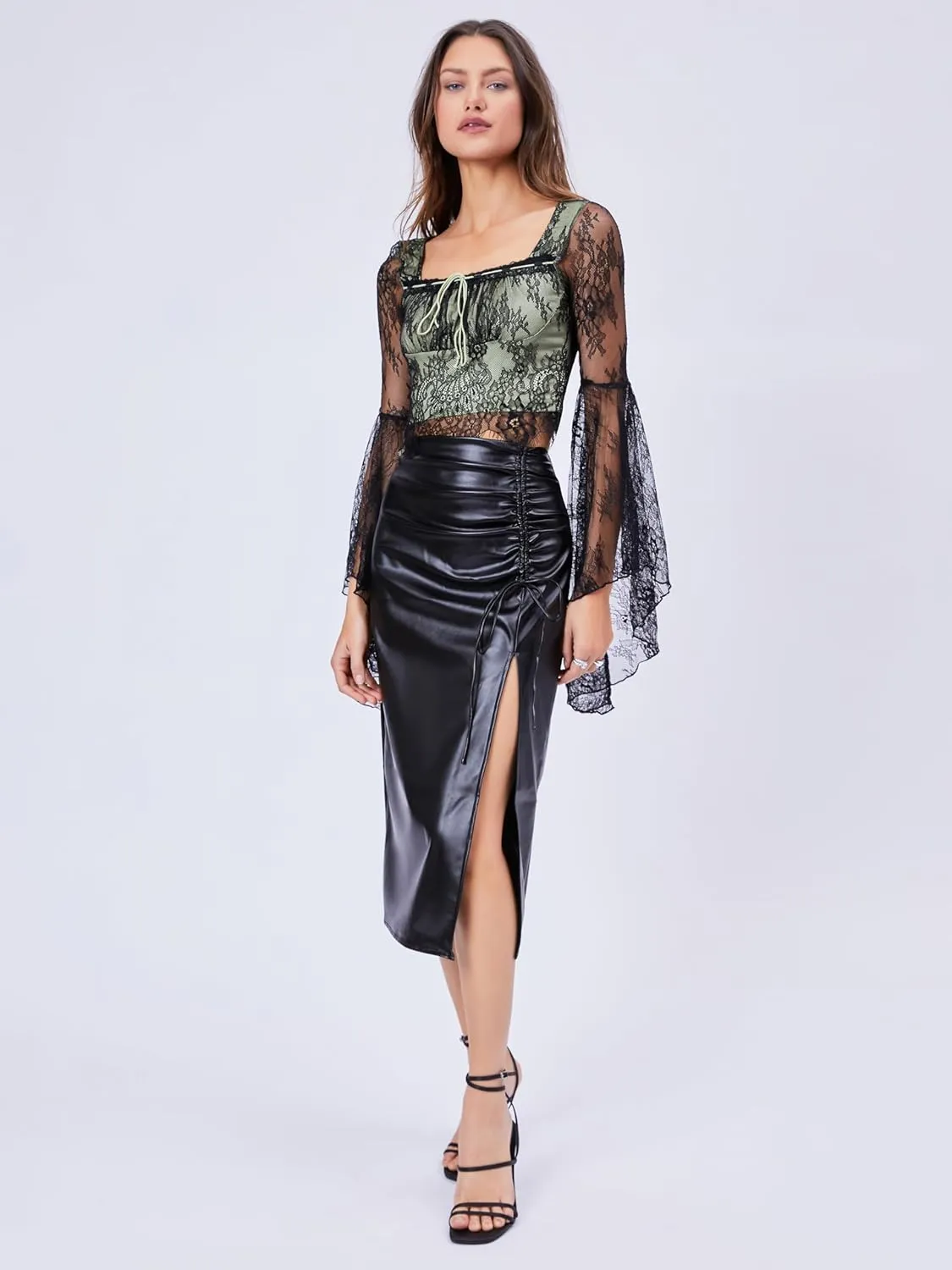 CIDER Faux Leather High Waist Drawstring Split Maxi Skirt