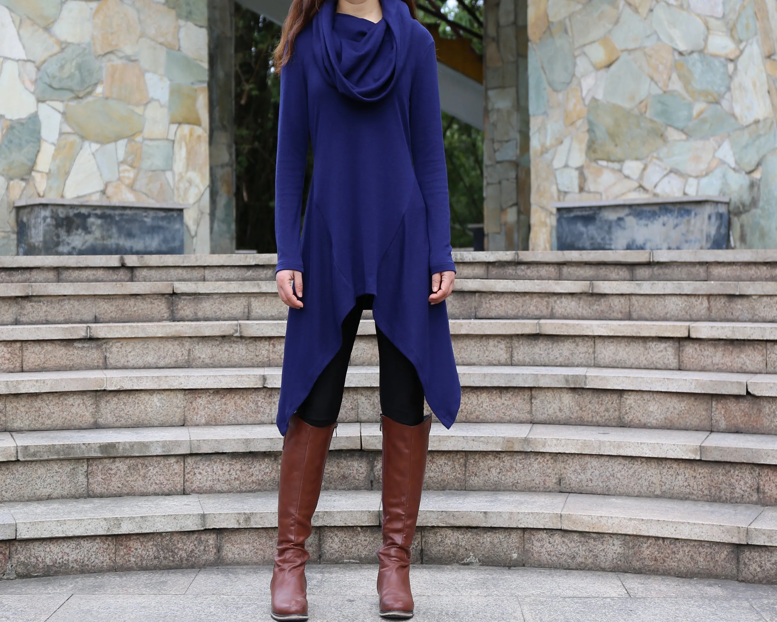 Cotton tunic tops, shawl collar top, knit tunic dress, plus size sweatshirt, oversized knit top, asymmetrical t-shirt(Y1084)