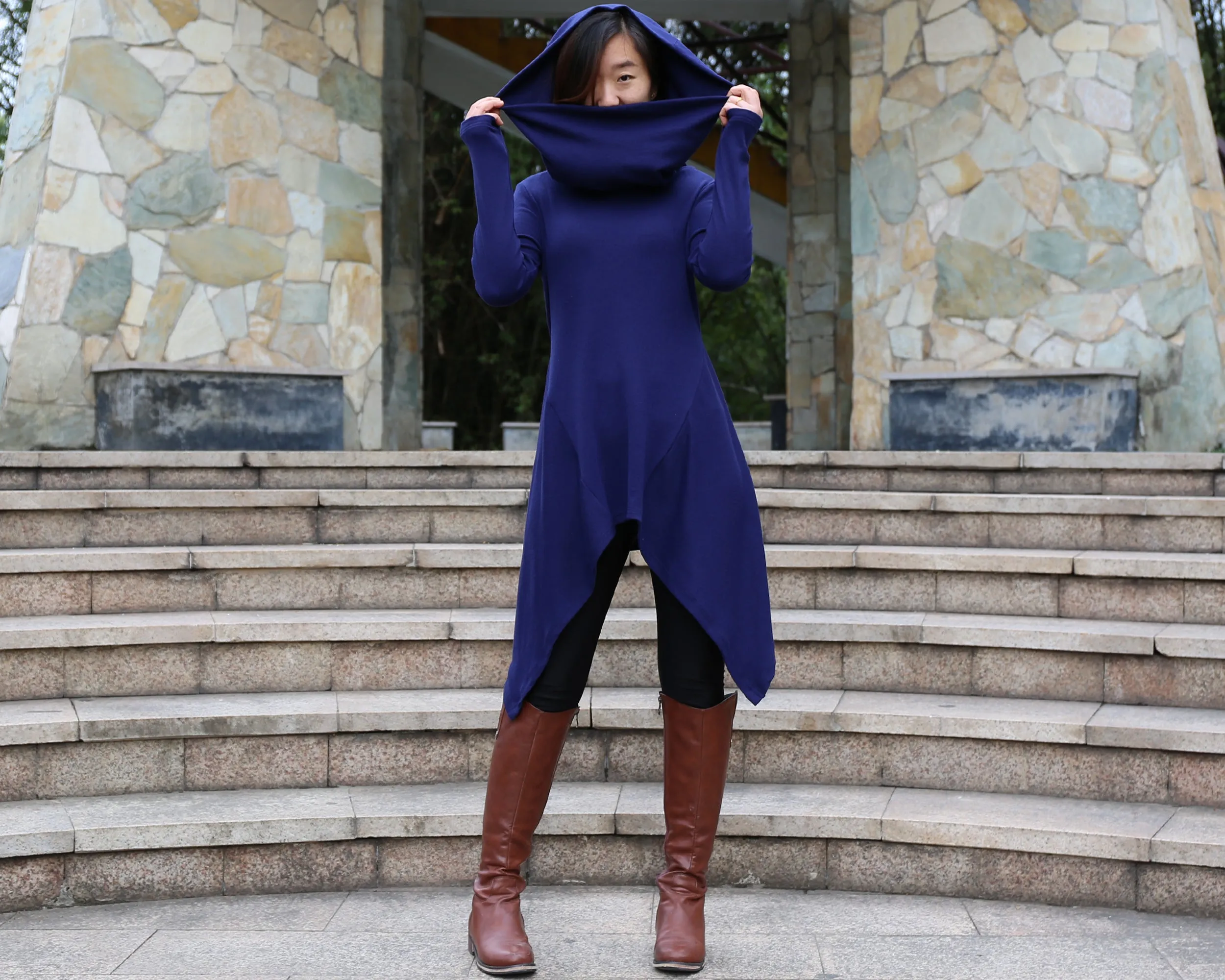 Cotton tunic tops, shawl collar top, knit tunic dress, plus size sweatshirt, oversized knit top, asymmetrical t-shirt(Y1084)