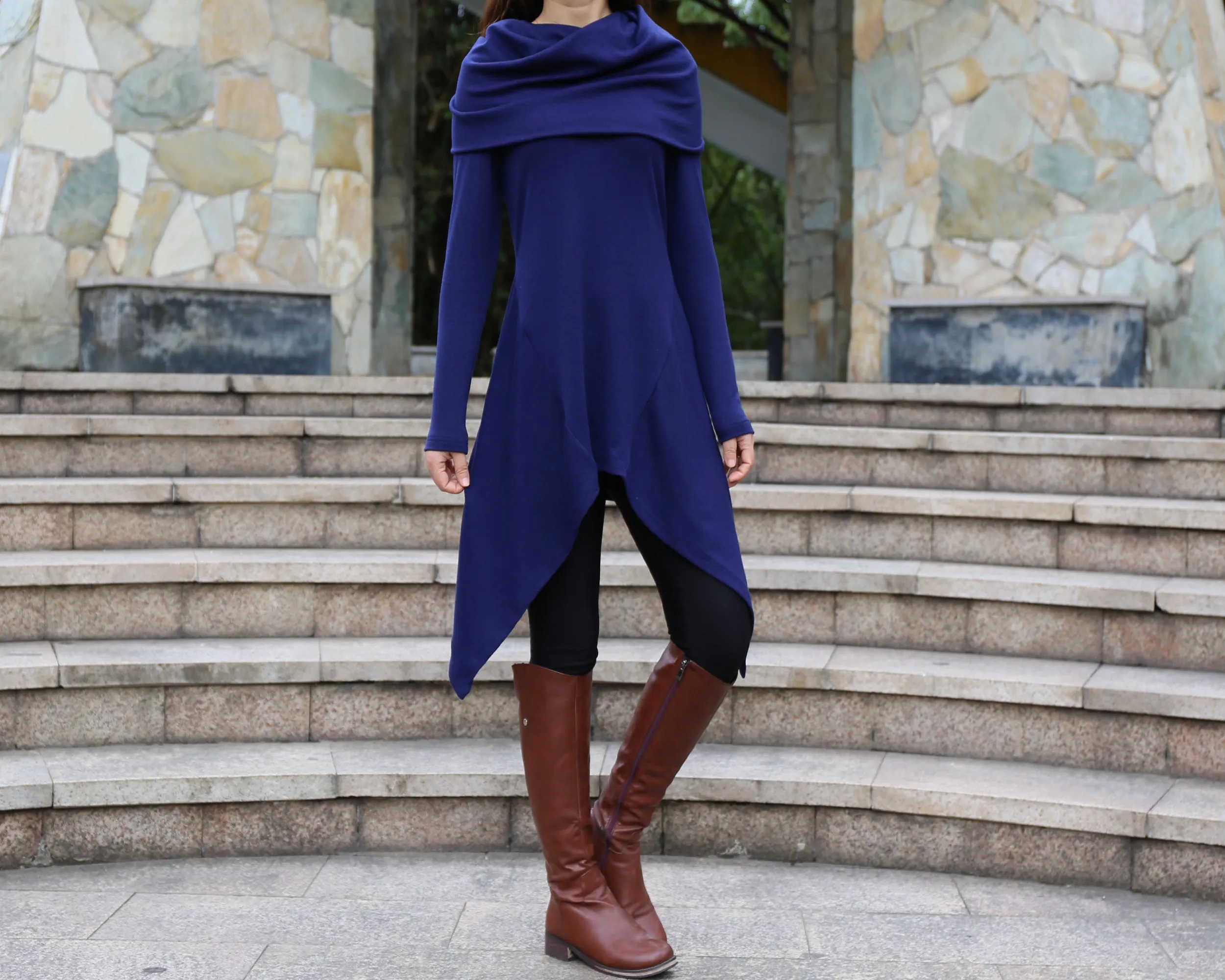 Cotton tunic tops, shawl collar top, knit tunic dress, plus size sweatshirt, oversized knit top, asymmetrical t-shirt(Y1084)