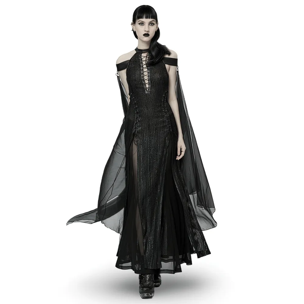 Dark Enchantress Mesh Halter Gown with Cloak