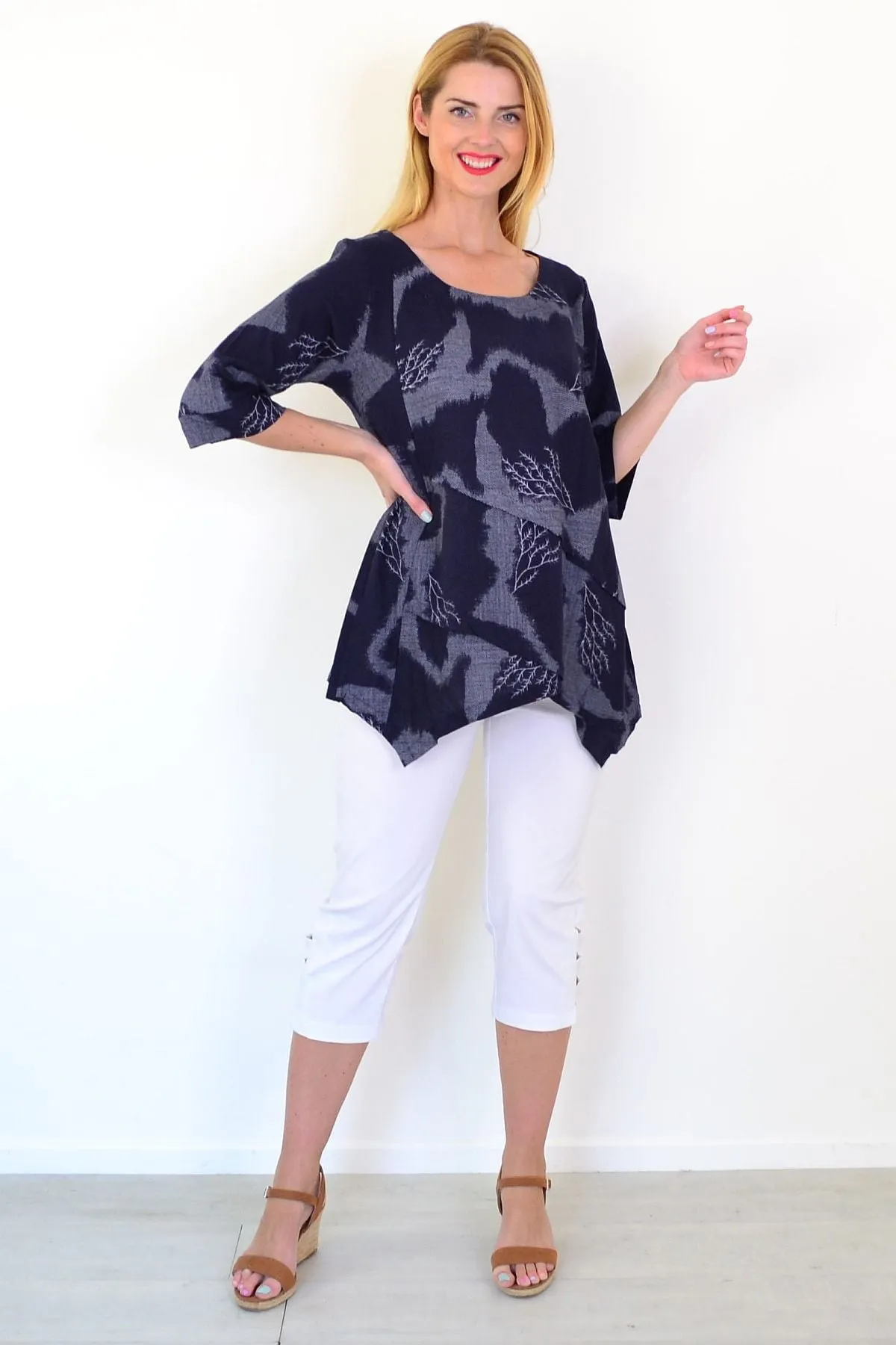 Denim Forest Linen Blend Tunic Top