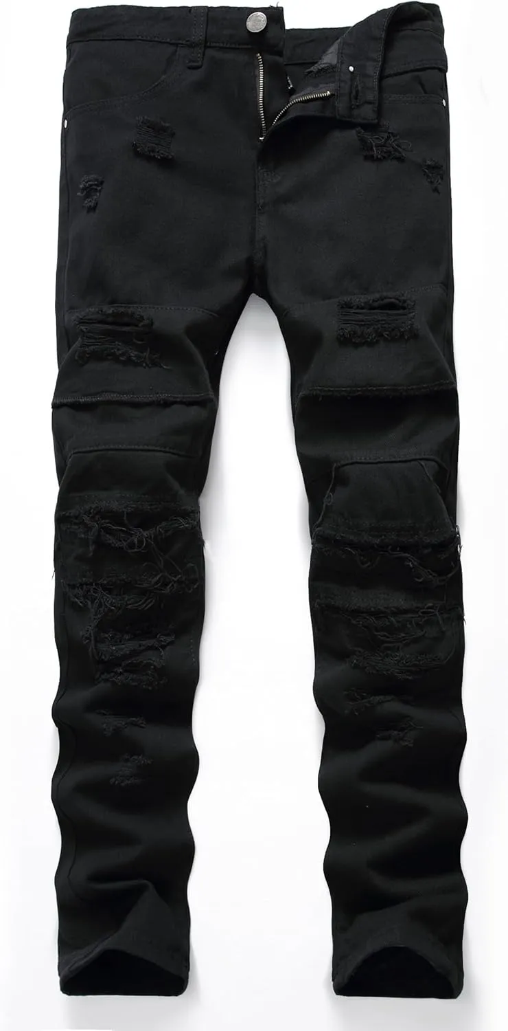 Denim Jeans for Men Slim Fit Ripped Stretch Skinny Distressed Stacked Straight Leg Moto Biker Pants