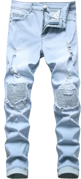 Denim Jeans for Men Slim Fit Ripped Stretch Skinny Distressed Stacked Straight Leg Moto Biker Pants