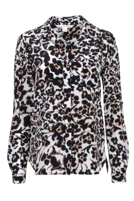 Diane von Furstenberg - White w/ Tan & Black Floral Leopard Print Blouse Sz 4