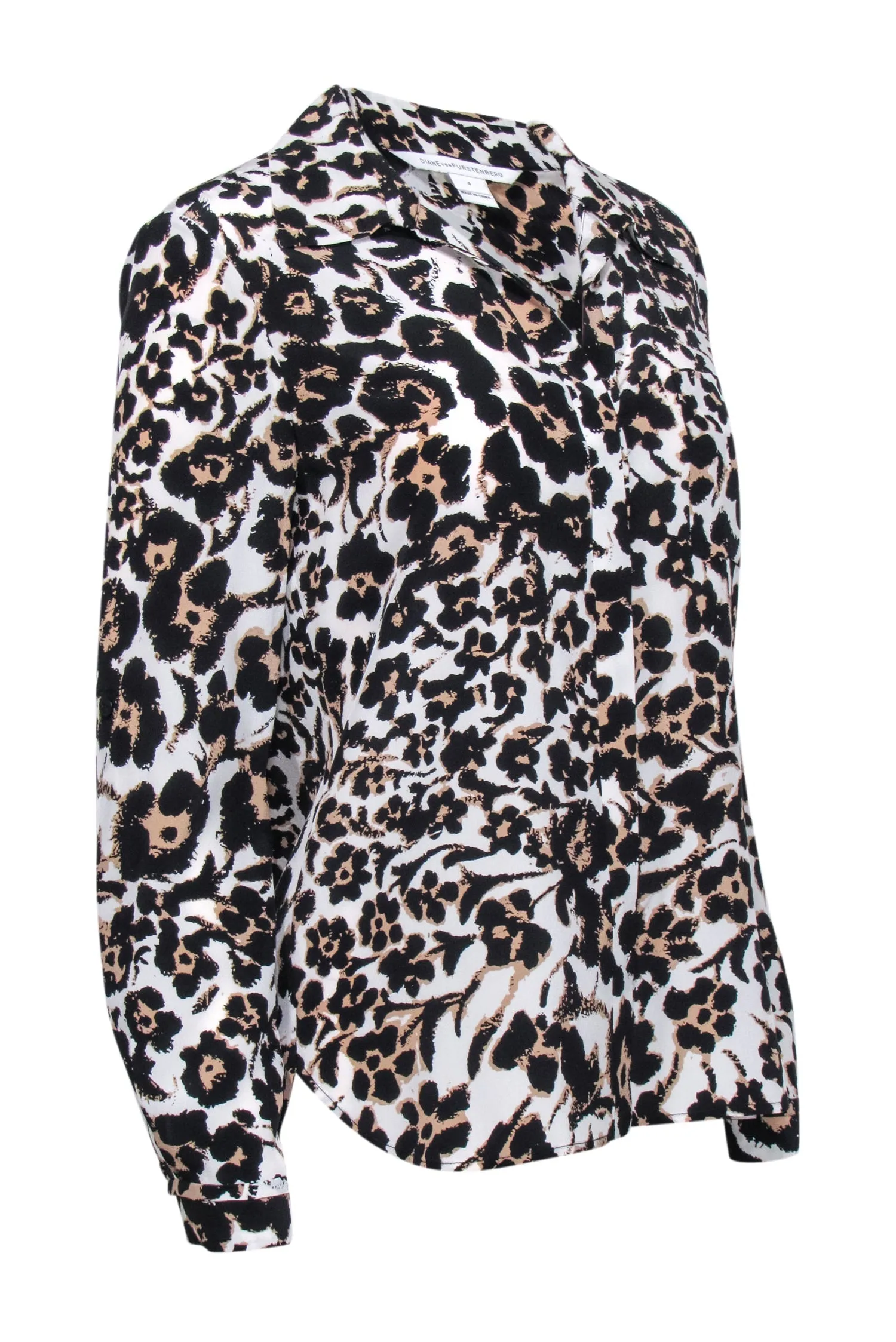 Diane von Furstenberg - White w/ Tan & Black Floral Leopard Print Blouse Sz 4