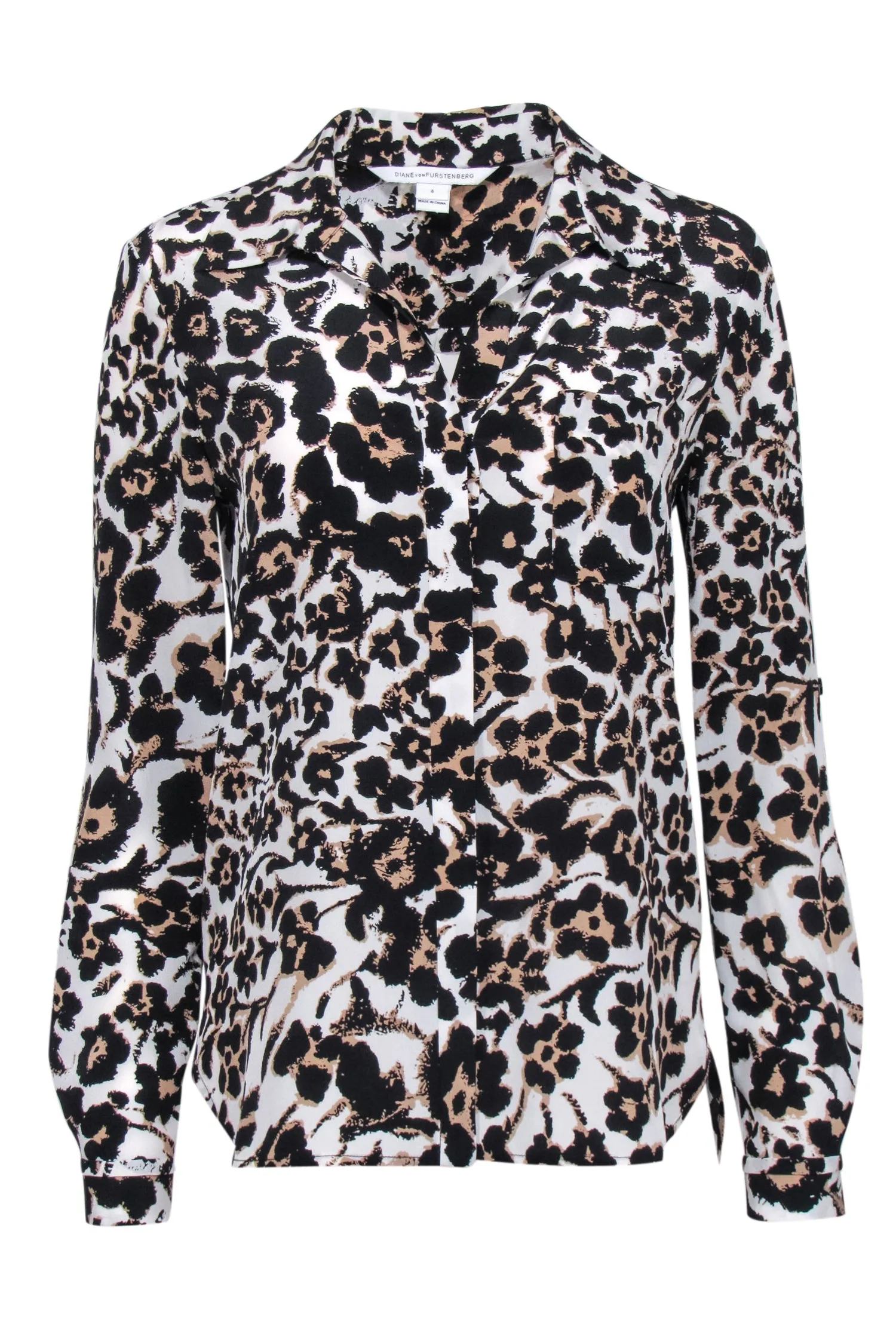 Diane von Furstenberg - White w/ Tan & Black Floral Leopard Print Blouse Sz 4