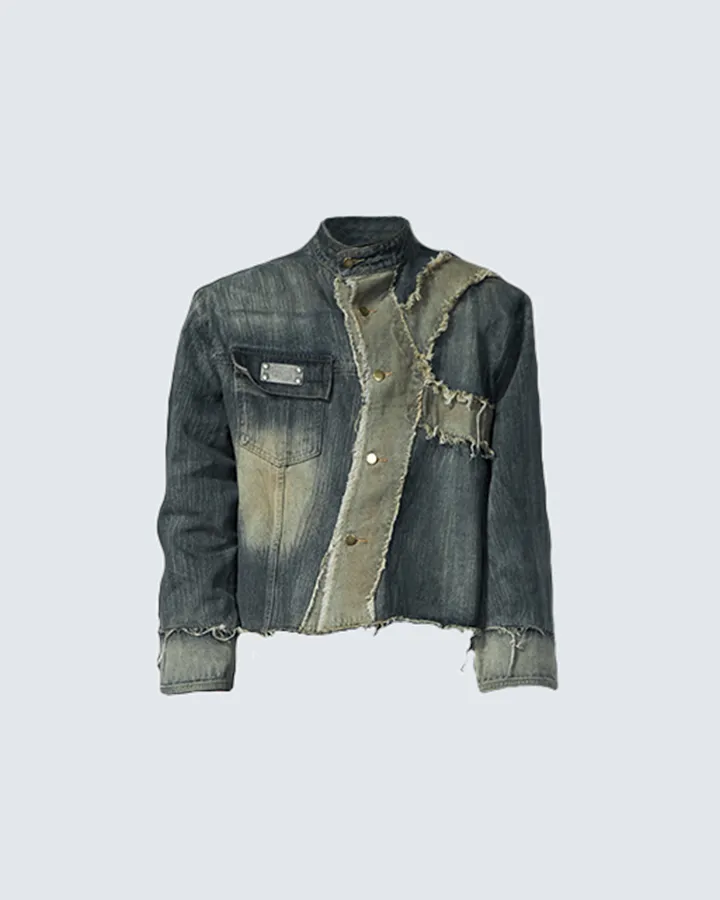Distressed Denim Jacket - Unique Patchwork Design