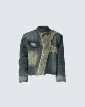 Distressed Denim Jacket - Unique Patchwork Design