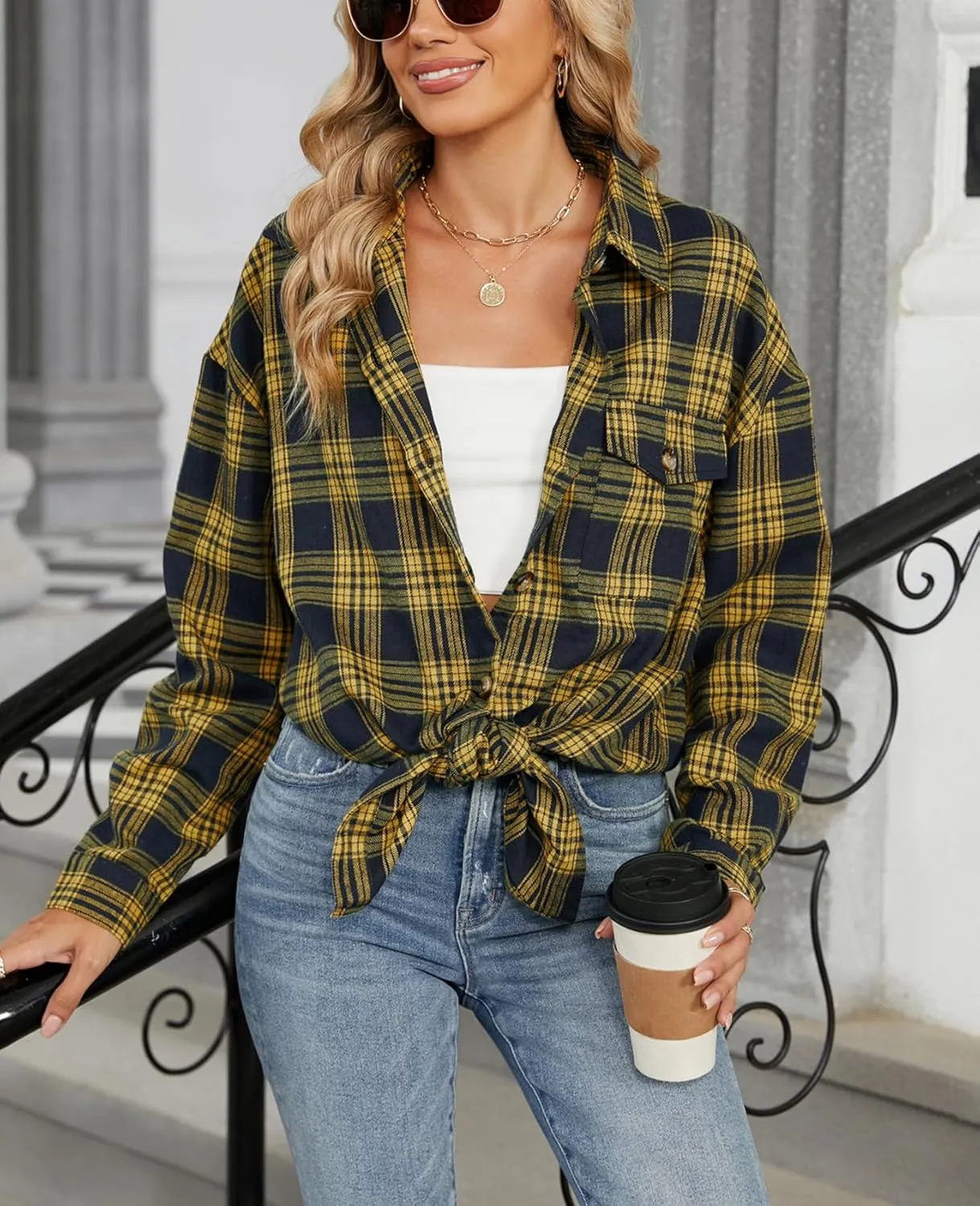 DJT Womens Fall Plaid Flannel Long Shirt Button Down Shirts Casual Loose Fit Shacket with Flap Pocket