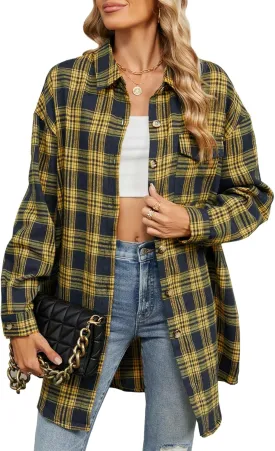 DJT Womens Fall Plaid Flannel Long Shirt Button Down Shirts Casual Loose Fit Shacket with Flap Pocket