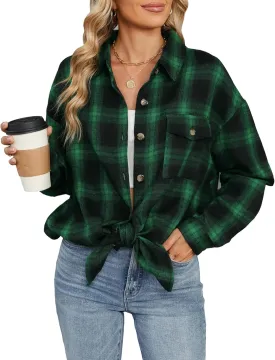 DJT Womens Fall Plaid Flannel Long Shirt Button Down Shirts Casual Loose Fit Shacket with Flap Pocket