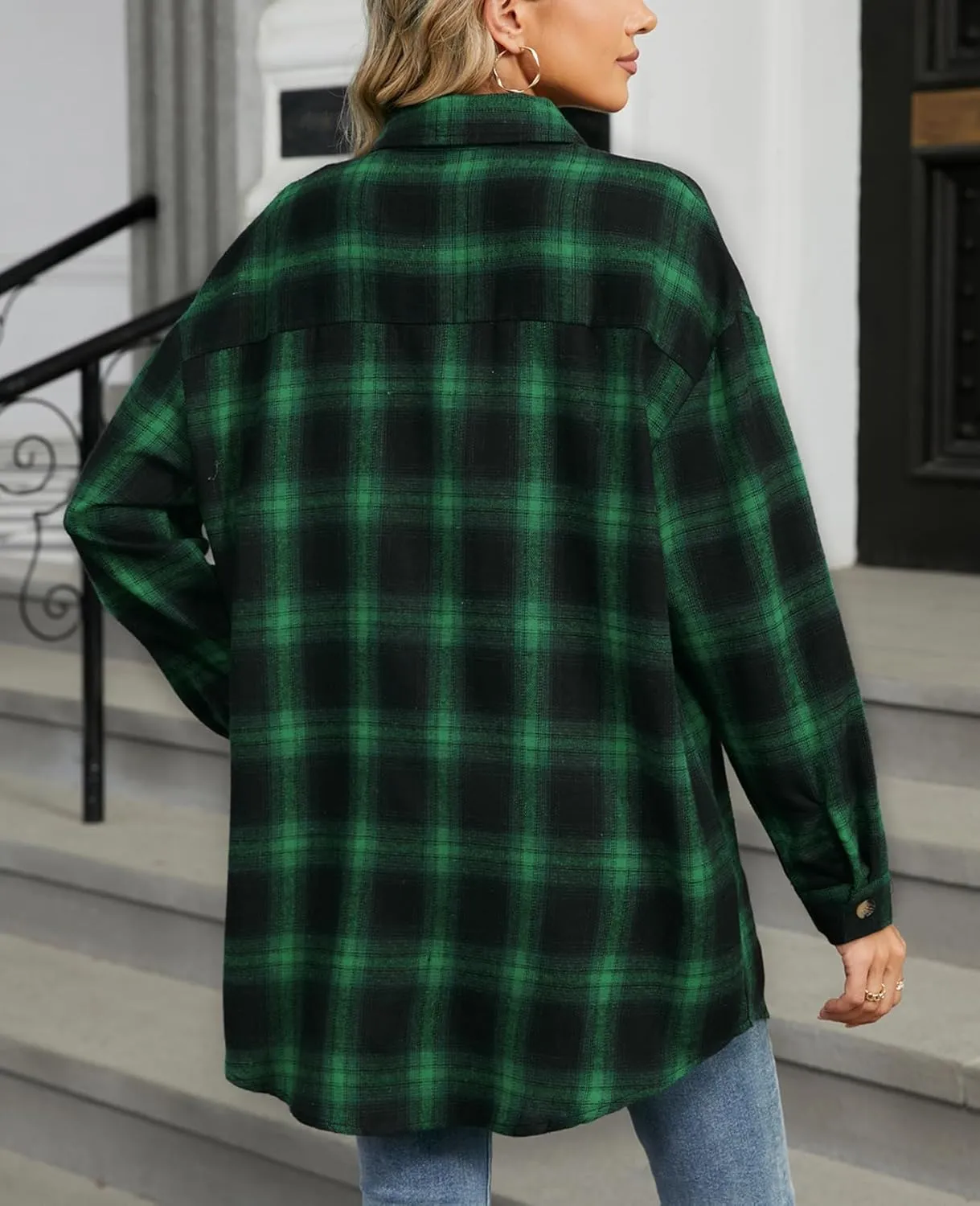 DJT Womens Fall Plaid Flannel Long Shirt Button Down Shirts Casual Loose Fit Shacket with Flap Pocket