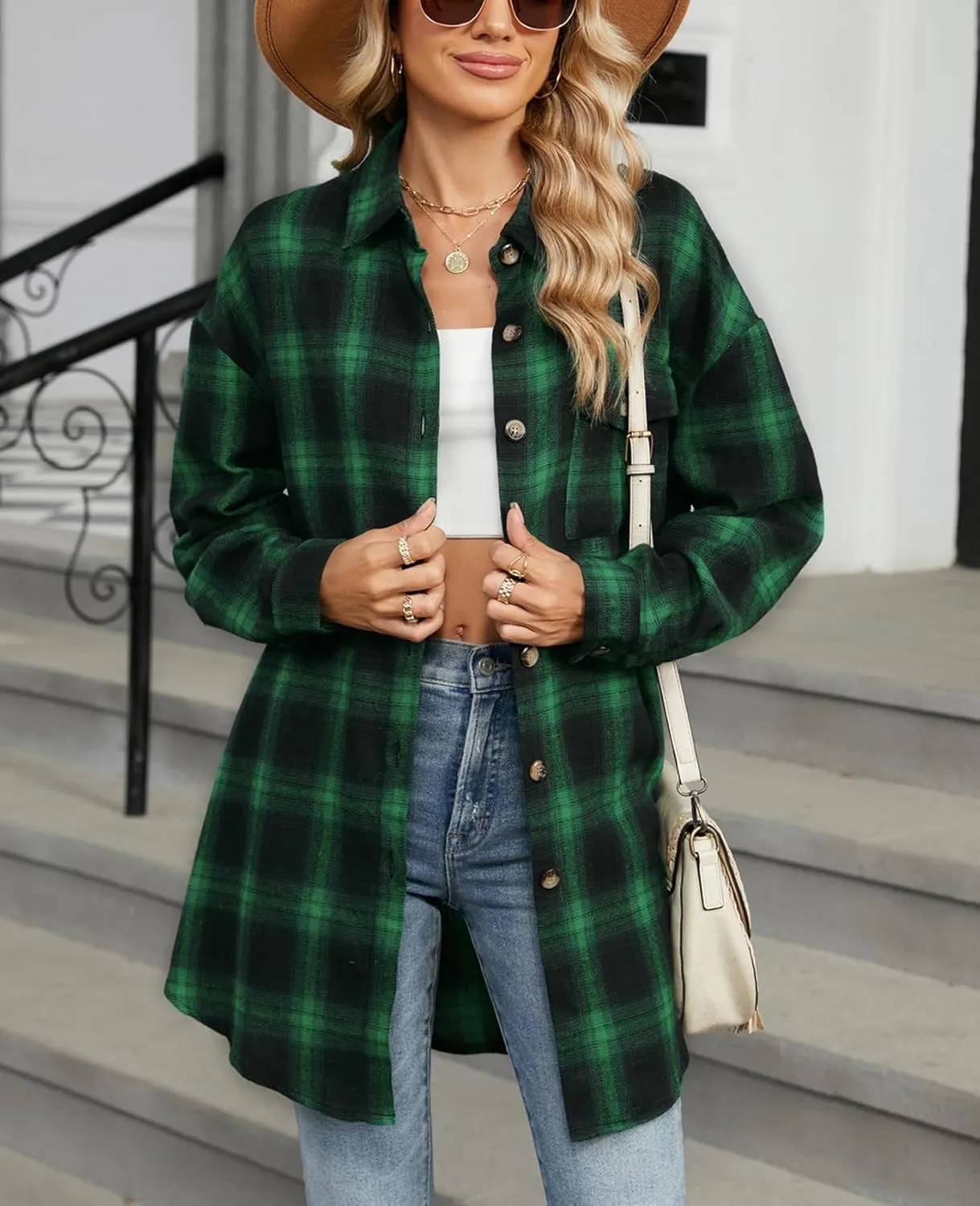 DJT Womens Fall Plaid Flannel Long Shirt Button Down Shirts Casual Loose Fit Shacket with Flap Pocket