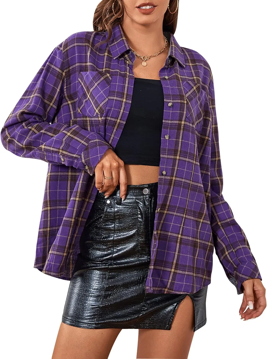 Esabel.C Flannel Shirts for Women Long Sleeve Button Down Plaid Fall Shirt Casual Work Tops