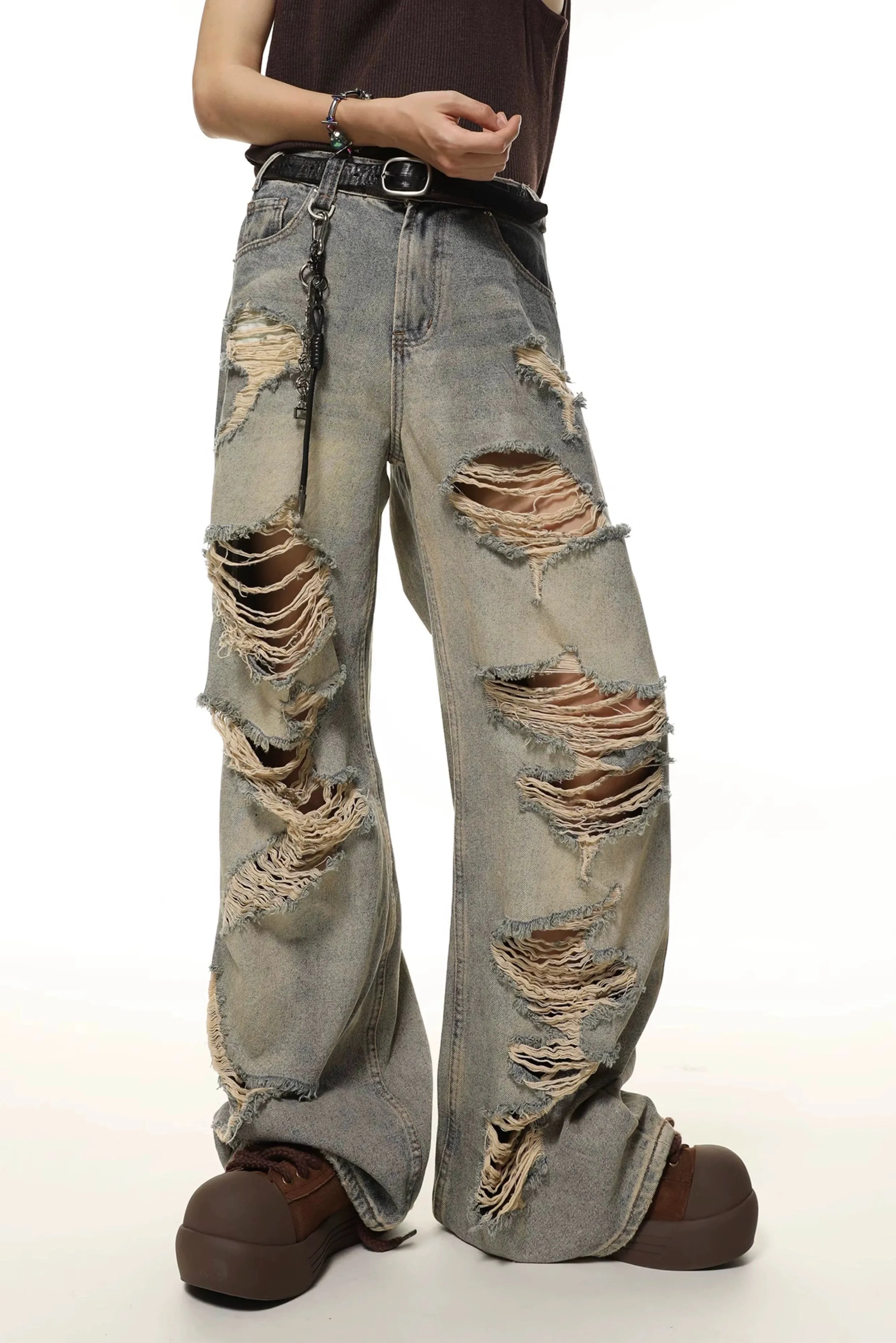 Extra-Distressed Vintage Wash Wide-Leg Jeans