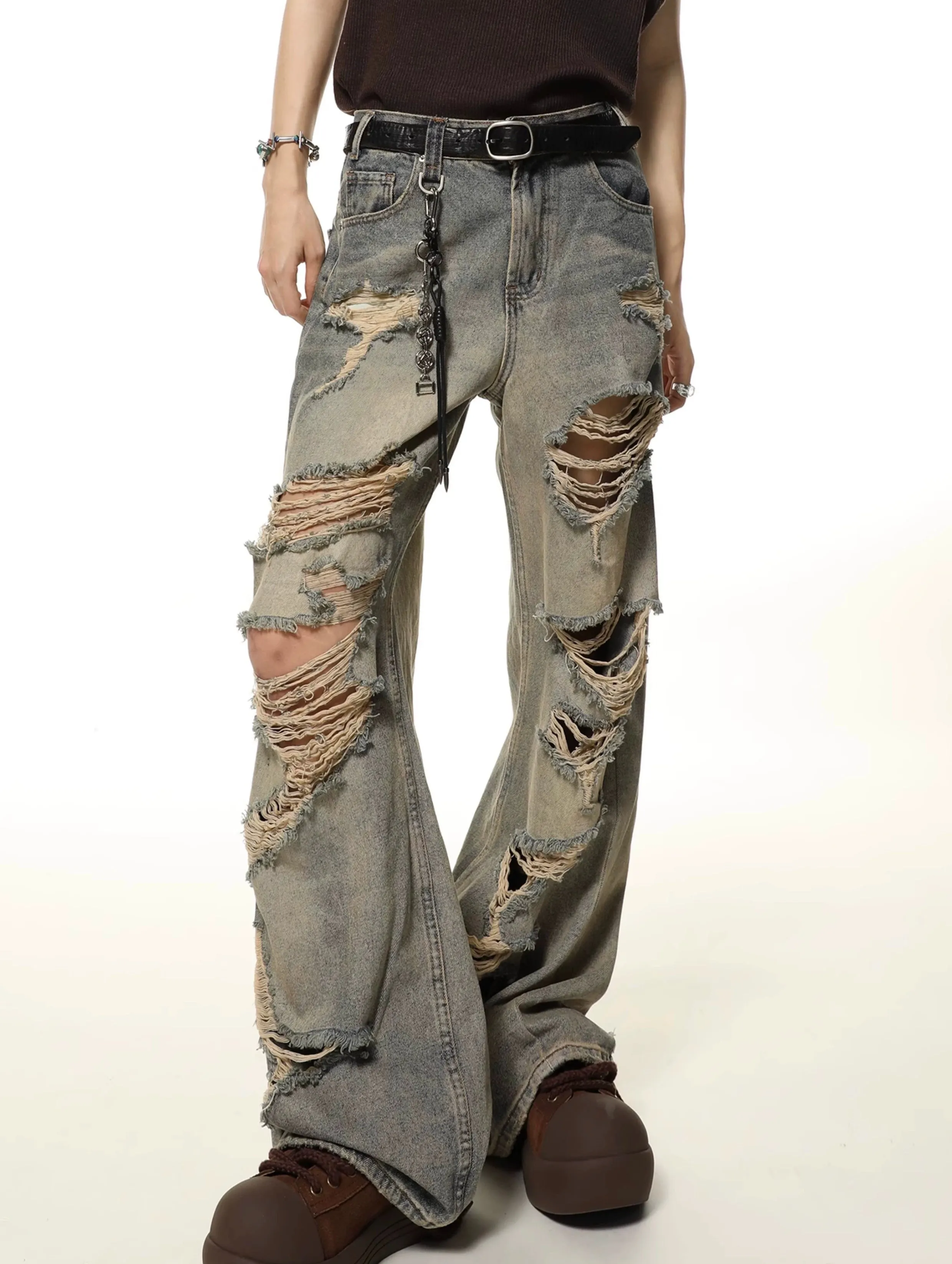 Extra-Distressed Vintage Wash Wide-Leg Jeans