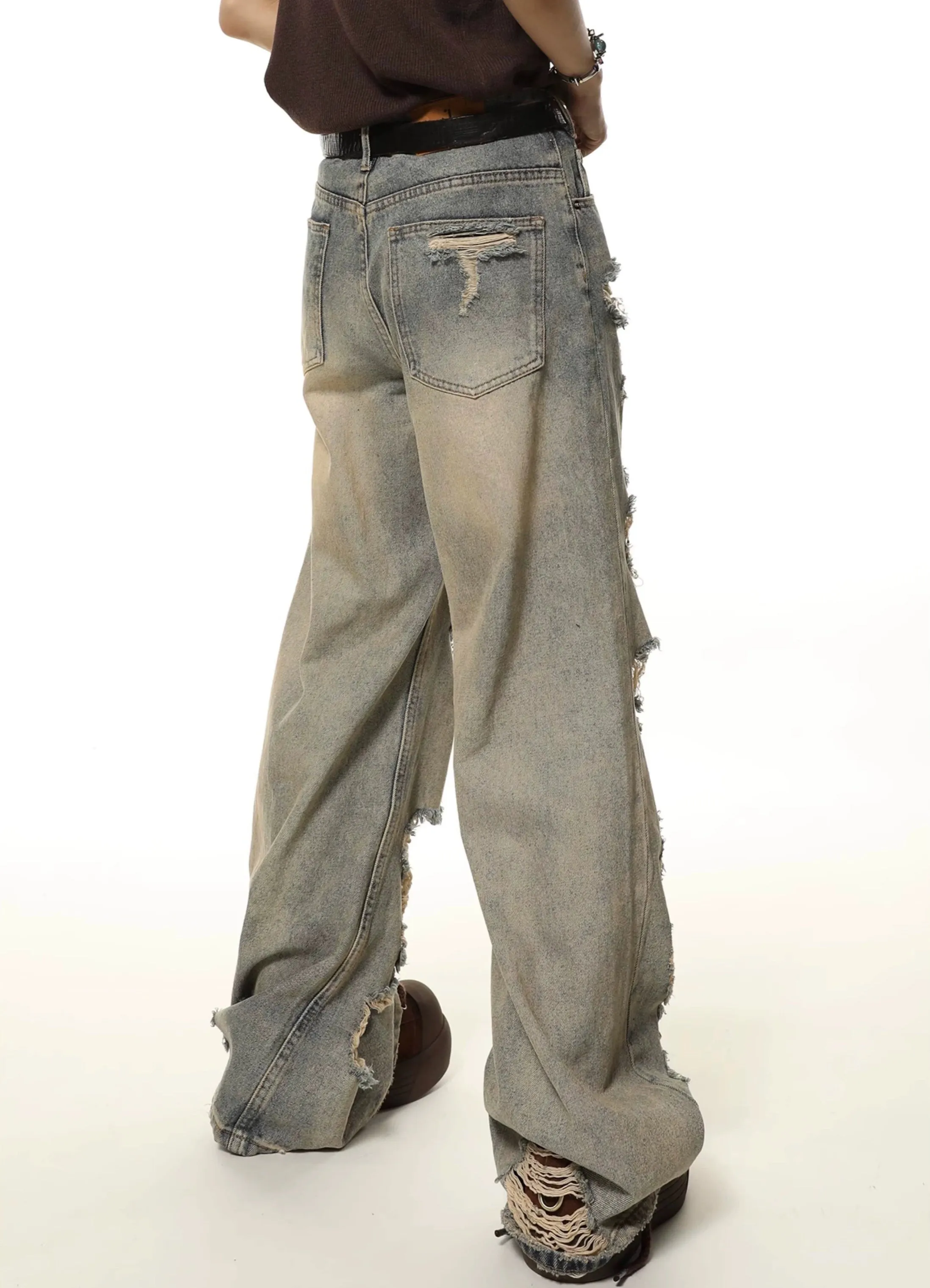 Extra-Distressed Vintage Wash Wide-Leg Jeans