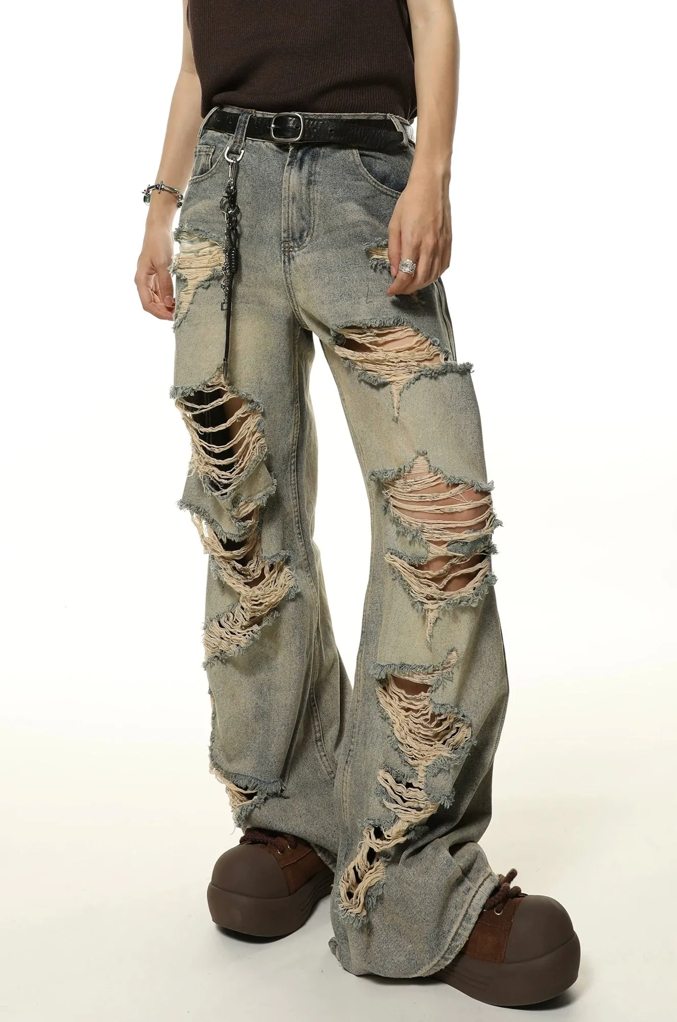 Extra-Distressed Vintage Wash Wide-Leg Jeans