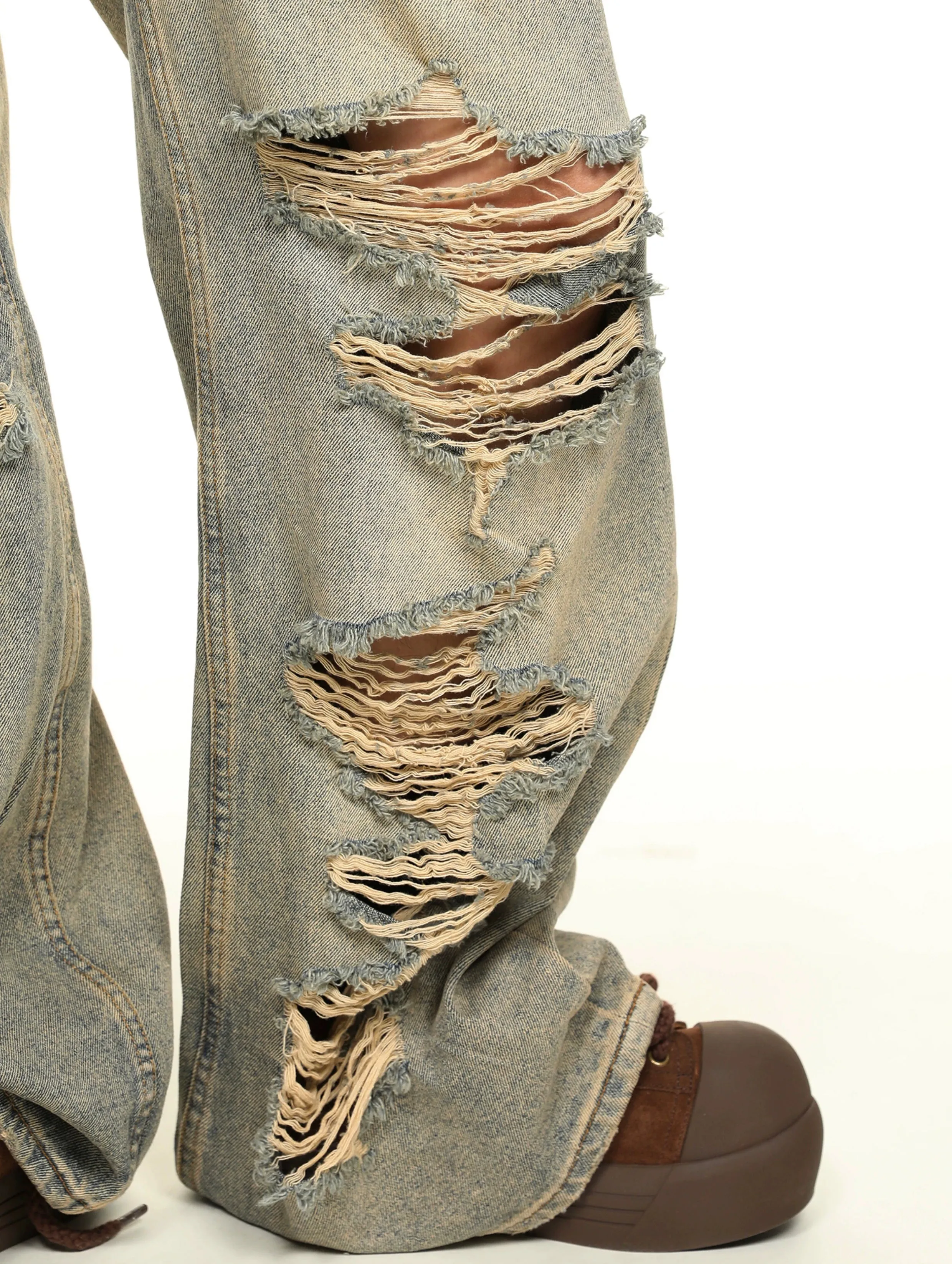 Extra-Distressed Vintage Wash Wide-Leg Jeans